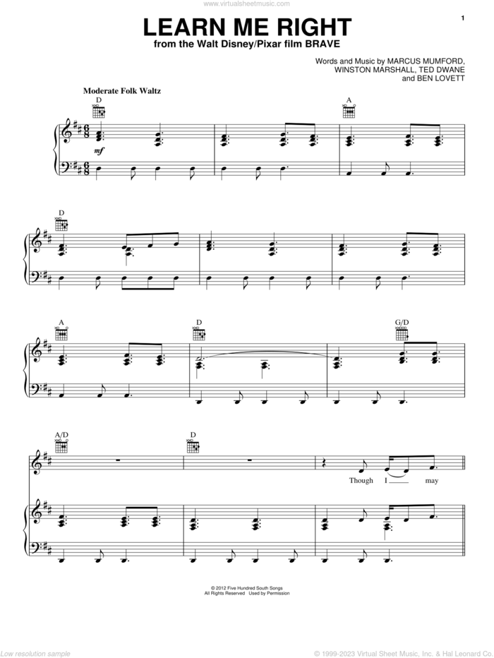 Learn Me Right sheet music for voice, piano or guitar by Marcus Mumford, Ben Lovett, Birdy (with Mumford & Sons), Brave (Movie), Ted Dwane and Winston Marshall, intermediate skill level