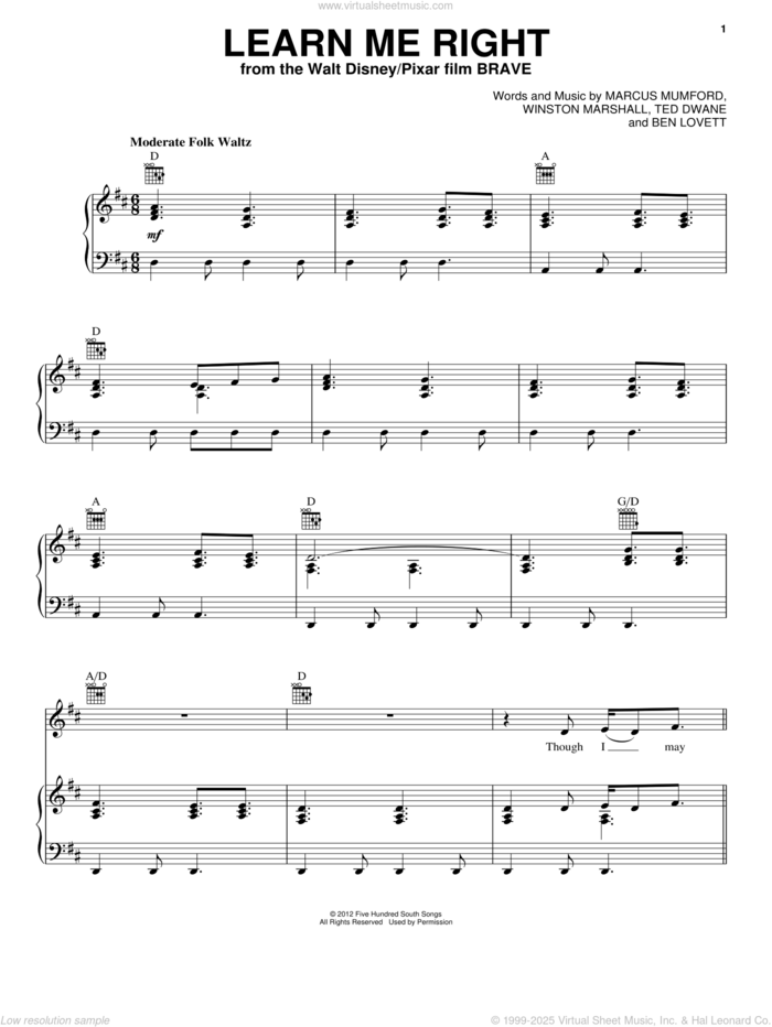 Learn Me Right sheet music for voice, piano or guitar by Marcus Mumford, Ben Lovett, Birdy (with Mumford & Sons), Brave (Movie), Ted Dwane and Winston Marshall, intermediate skill level