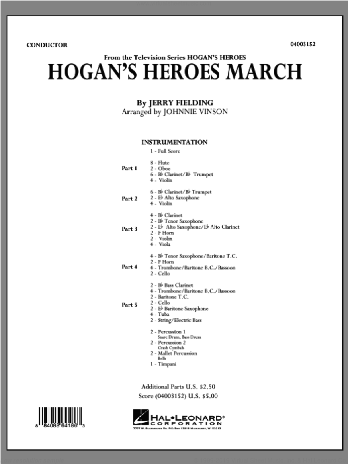 Hogan's Heroes March (COMPLETE) sheet music for concert band by Jerry Fielding and Johnnie Vinson, intermediate skill level