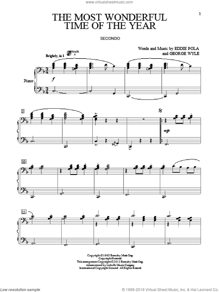 The Most Wonderful Time Of The Year sheet music for piano four hands by George Wyle and Eddie Pola, intermediate skill level