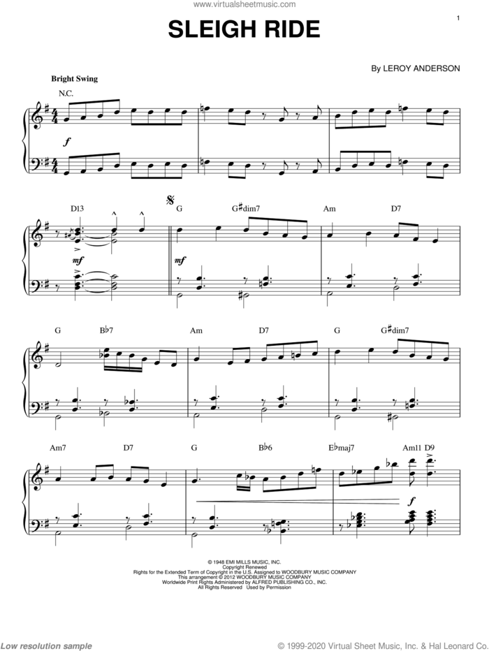 Sleigh Ride [Jazz version] (arr. Brent Edstrom) sheet music for piano solo by Leroy Anderson and Mitchell Parish, intermediate skill level