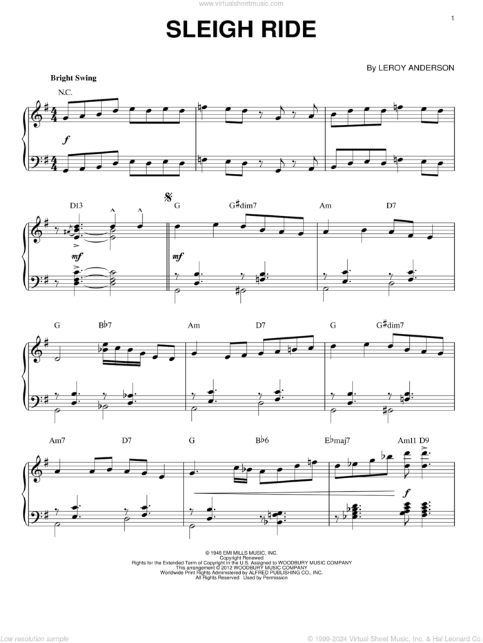 Sleigh Ride [Jazz version] (arr. Brent Edstrom) sheet music for piano solo by Leroy Anderson and Mitchell Parish, intermediate skill level