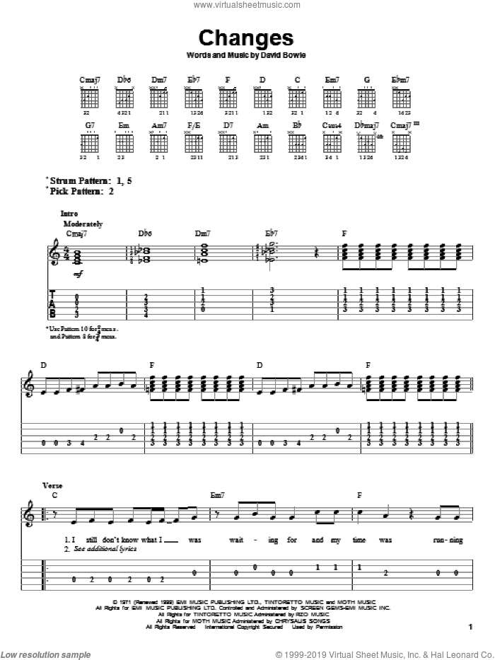 Changes sheet music for guitar solo (easy tablature) by David Bowie, easy guitar (easy tablature)
