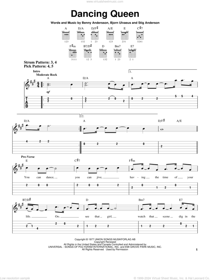 Dancing Queen sheet music for guitar solo (easy tablature) by ABBA, Benny Andersson, Bjorn Ulvaeus and Stig Anderson, easy guitar (easy tablature)