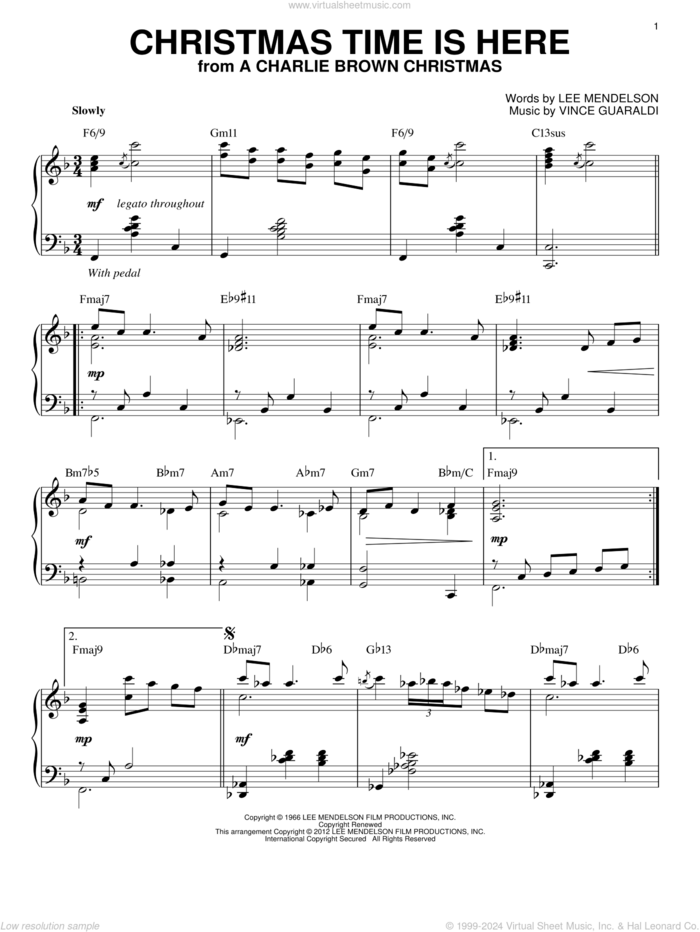 Christmas Time Is Here [Jazz version] (arr. Brent Edstrom) sheet music for piano solo by Lee Mendelson and Vince Guaraldi, intermediate skill level