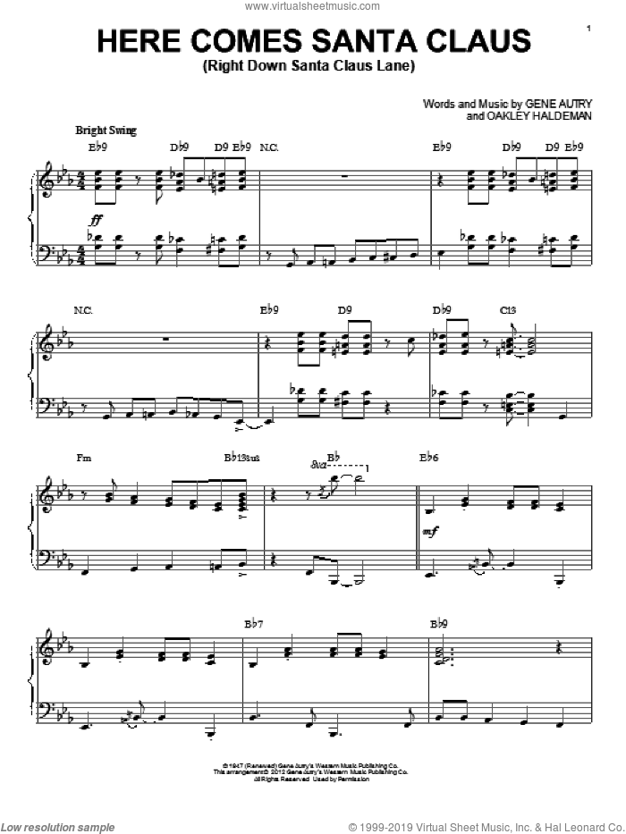 Here Comes Santa Claus (Right Down Santa Claus Lane) [Jazz version] (arr. Brent Edstrom) sheet music for piano solo by Gene Autry, Carpenters and Oakley Haldeman, intermediate skill level