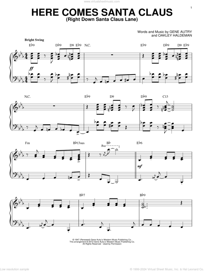 Here Comes Santa Claus (Right Down Santa Claus Lane) [Jazz version] (arr. Brent Edstrom) sheet music for piano solo by Gene Autry, Carpenters and Oakley Haldeman, intermediate skill level