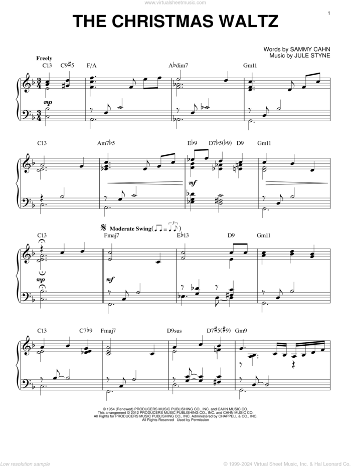 The Christmas Waltz [Jazz version] (arr. Brent Edstrom) sheet music for piano solo by Sammy Cahn and Jule Styne, intermediate skill level