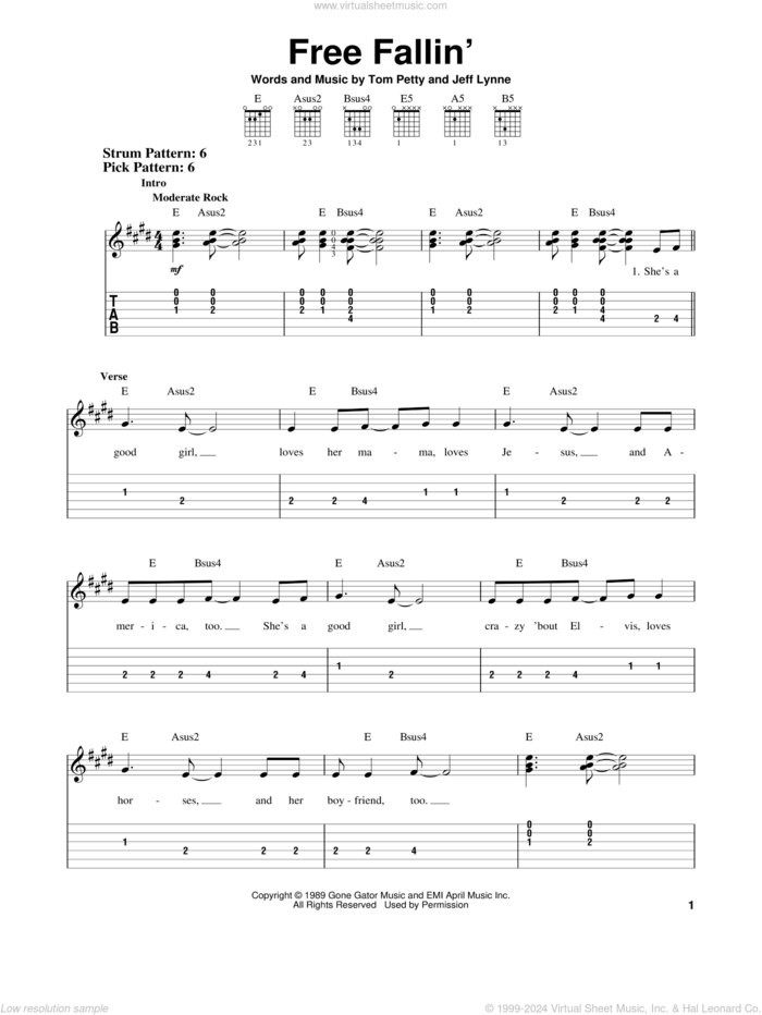 Free Fallin' sheet music for guitar solo (easy tablature) by Tom Petty and Jeff Lynne, easy guitar (easy tablature)