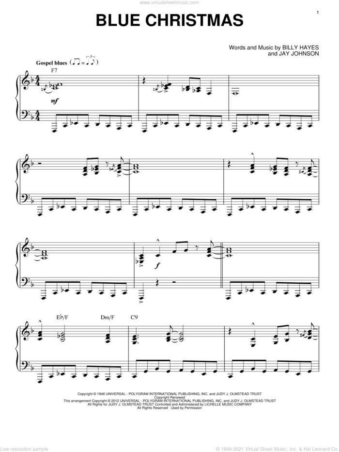 Blue Christmas [Jazz version] (arr. Brent Edstrom) sheet music for piano solo by Elvis Presley, intermediate skill level