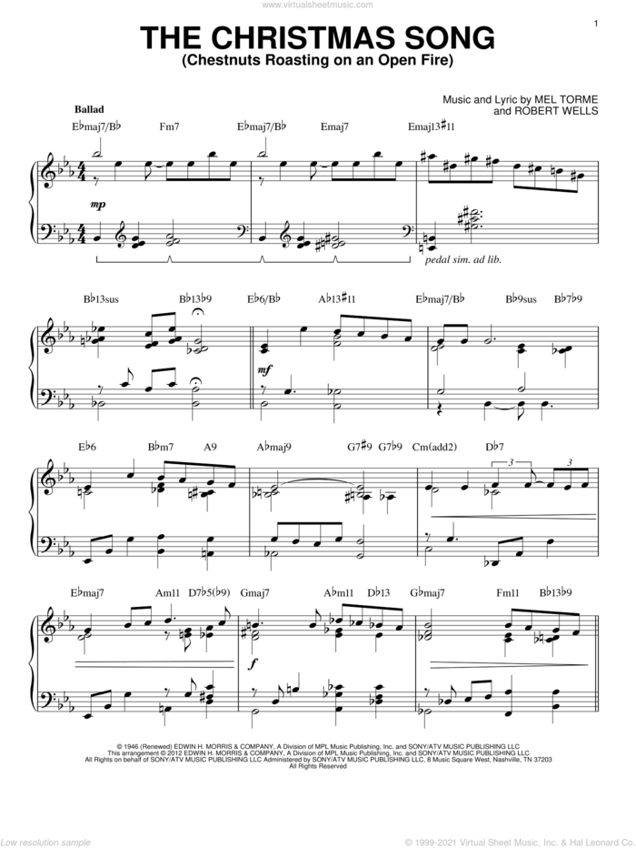 The Christmas Song (Chestnuts Roasting On An Open Fire) [Jazz version] (arr. Brent Edstrom) sheet music for piano solo by Mel Torme and Robert Wells, intermediate skill level