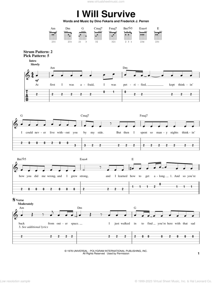 I Will Survive sheet music for guitar solo (easy tablature) by Gloria Gaynor, Chantay Savage, Dino Fekaris and Frederick Perren, easy guitar (easy tablature)