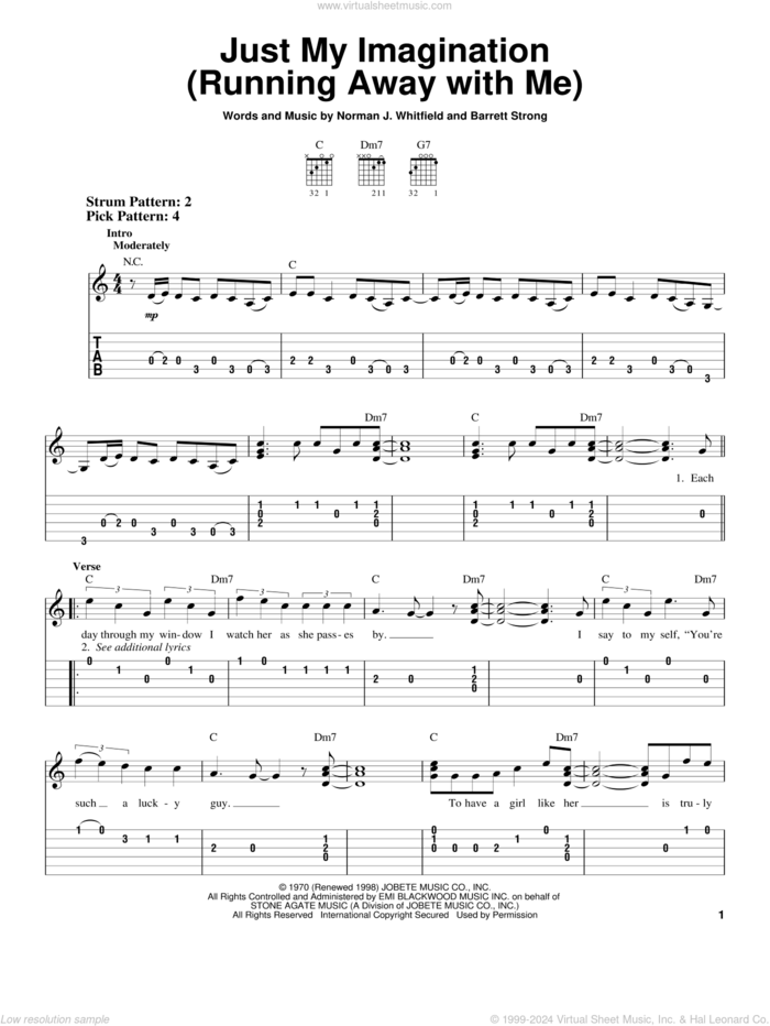 Just My Imagination (Running Away With Me) sheet music for guitar solo (easy tablature) by The Temptations, Barrett Strong and Norman Whitfield, easy guitar (easy tablature)