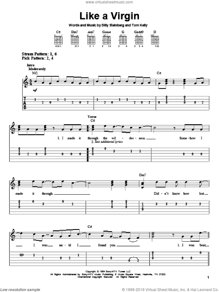 Like A Virgin sheet music for guitar solo (easy tablature) by Madonna, Billy Steinberg and Tom Kelly, easy guitar (easy tablature)