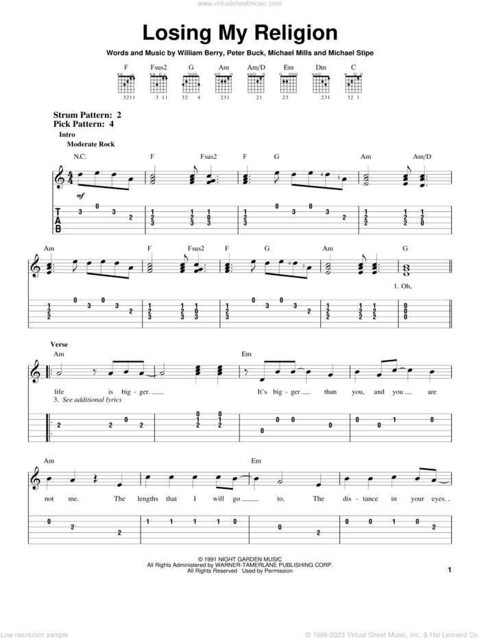 Losing My Religion sheet music for guitar solo (easy tablature) by R.E.M., Bill Berry, Michael Stipe, Mike Mills and Peter Buck, easy guitar (easy tablature)