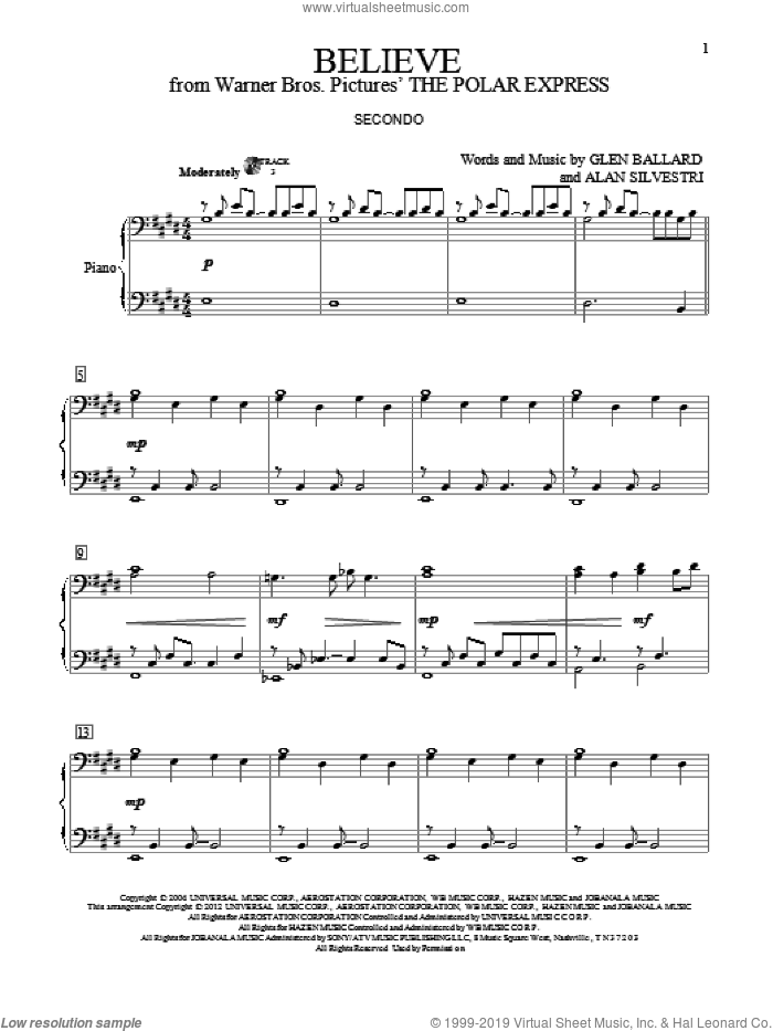 Believe (from The Polar Express) sheet music for piano four hands by Josh Groban, Alan Silvestri and Glen Ballard, intermediate skill level