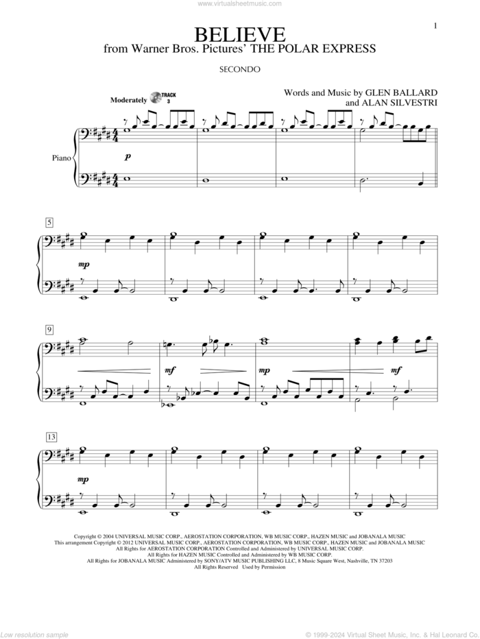 Believe (from The Polar Express) sheet music for piano four hands by Josh Groban, Alan Silvestri and Glen Ballard, intermediate skill level