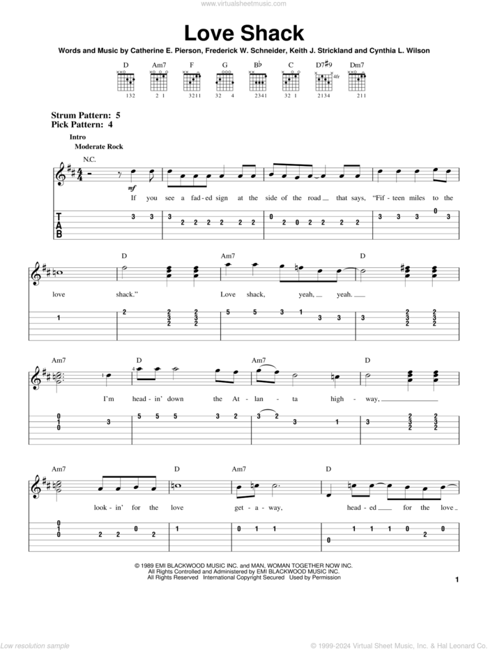 Love Shack sheet music for guitar solo (easy tablature) by The B-52's, Catherine E. Pierson, Cynthia L. Wilson, Frederuck W. Schneider and Keith Strickland, easy guitar (easy tablature)