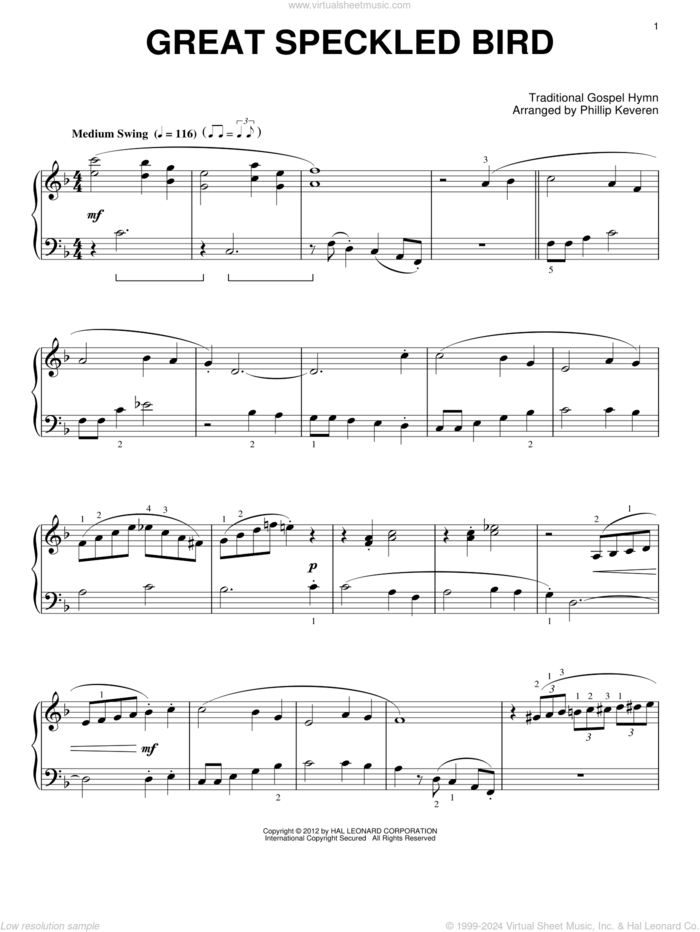 Great Speckled Bird (arr. Phillip Keveren) sheet music for piano solo by Phillip Keveren and Traditional Gospel Hymn, intermediate skill level