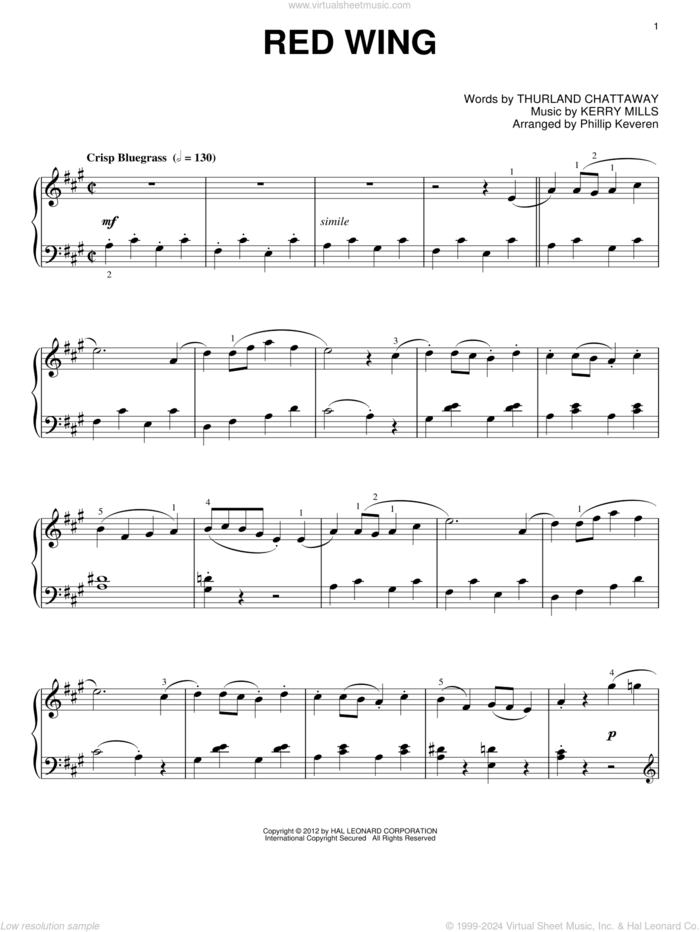 Red Wing (arr. Phillip Keveren) sheet music for piano solo by Phillip Keveren, Kerry Mills and Thurland Chattaway, intermediate skill level