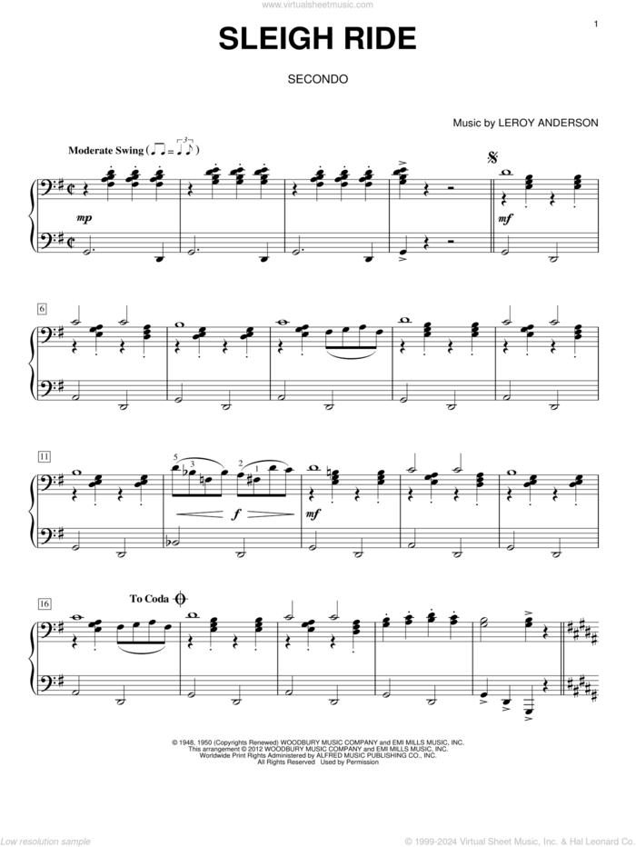 Sleigh Ride sheet music for piano four hands by Leroy Anderson and Mitchell Parish, intermediate skill level