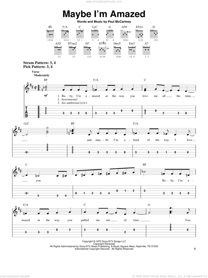 Maybe I'm Amazed sheet music for guitar solo (easy tablature) by Paul McCartney, easy guitar (easy tablature)