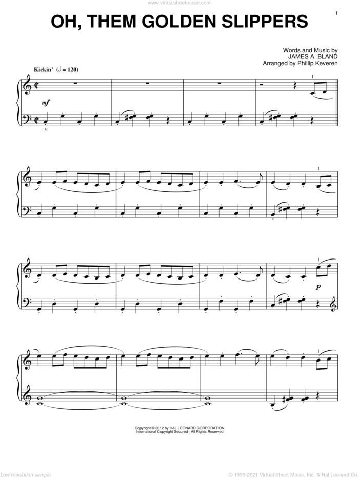 Oh, Them Golden Slippers (arr. Phillip Keveren) sheet music for piano solo by Phillip Keveren and James A. Bland, intermediate skill level