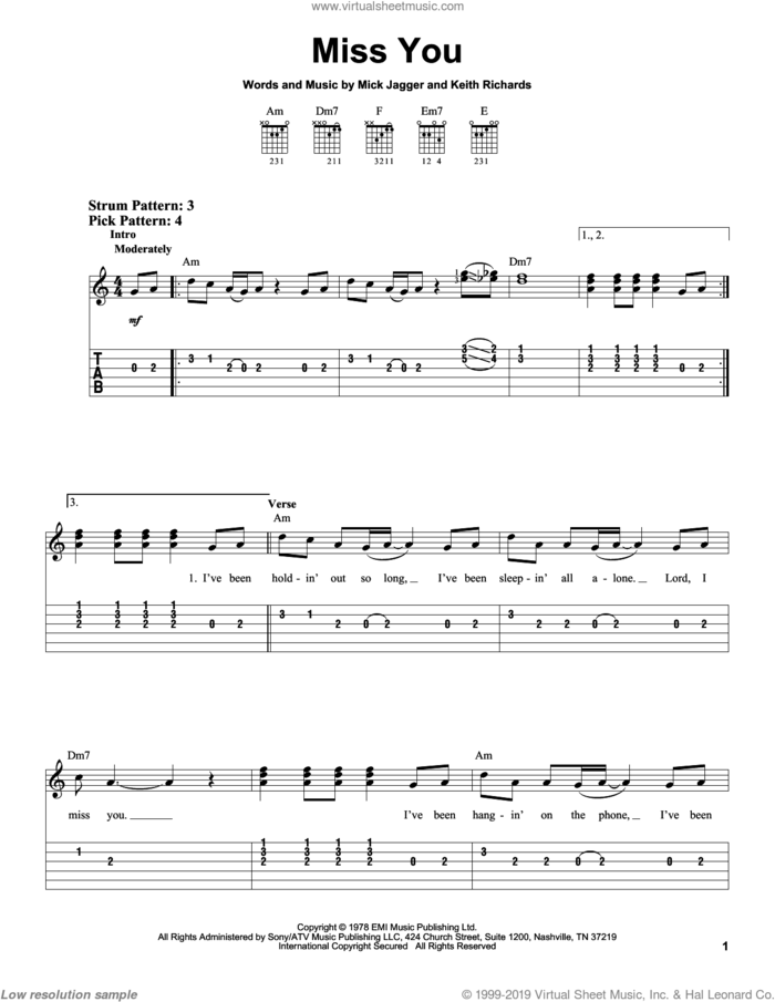 Miss You sheet music for guitar solo (easy tablature) by The Rolling Stones, Keith Richards and Mick Jagger, easy guitar (easy tablature)