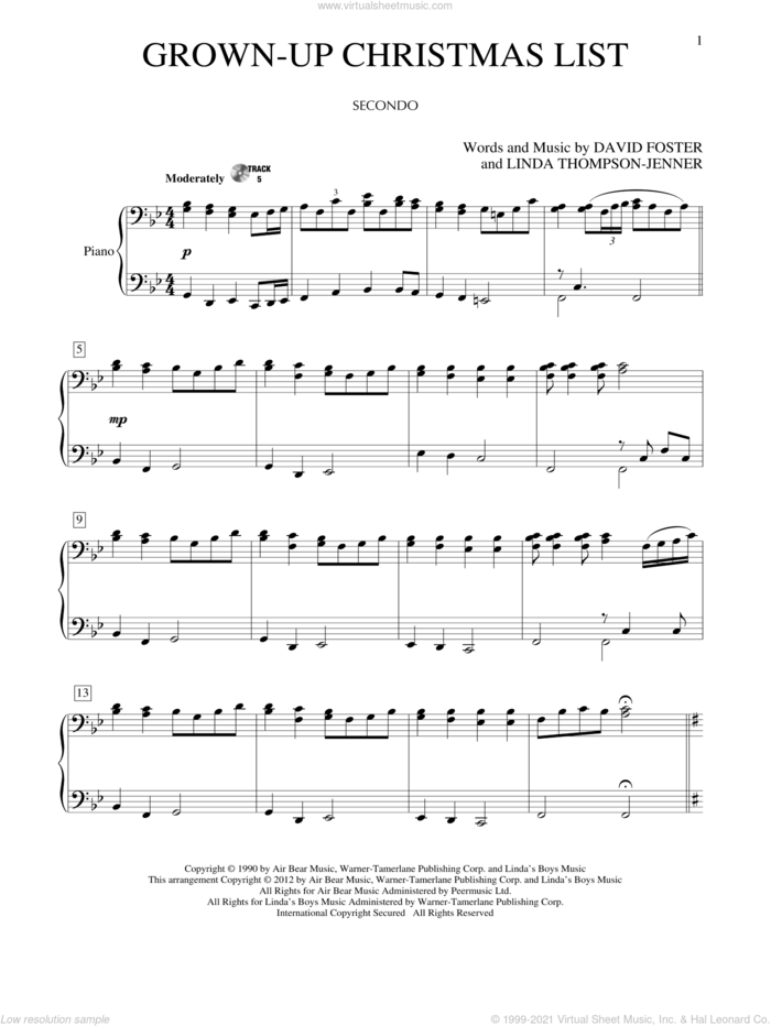 Grown-Up Christmas List sheet music for piano four hands by Amy Grant, David Foster and Linda Thompson-Jenner, intermediate skill level