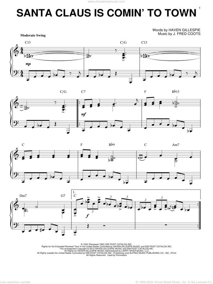 Santa Claus Is Comin' To Town [Jazz version] (arr. Brent Edstrom) sheet music for piano solo by J. Fred Coots and Haven Gillespie, intermediate skill level