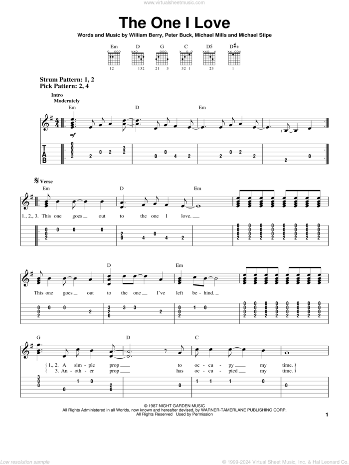 The One I Love sheet music for guitar solo (easy tablature) by R.E.M., Bill Berry, Michael Stipe, Mike Mills and Peter Buck, easy guitar (easy tablature)