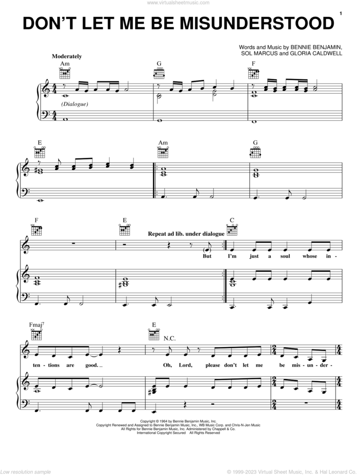 Don't Let Me Be Misunderstood sheet music for voice, piano or guitar by The Animals, Bennie Benjamin, Gloria Caldwell and Sol Marcus, intermediate skill level