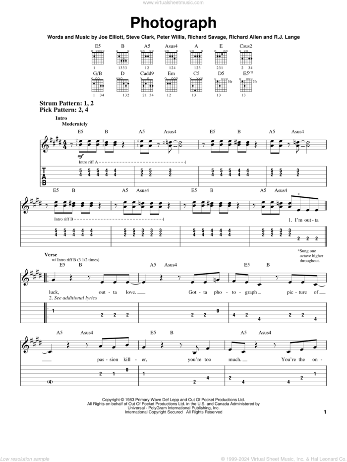 Photograph sheet music for guitar solo (easy tablature) by Def Leppard, Lawrence Elliott, Peter Willis, Richard Savage, Robert John Lange and Steve Clark, easy guitar (easy tablature)