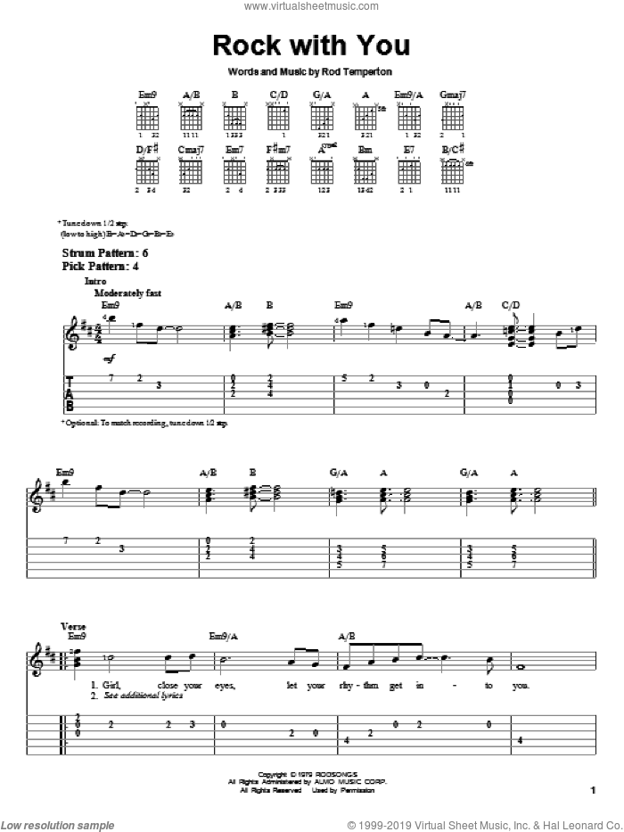 Rock With You sheet music for guitar solo (easy tablature) by Michael Jackson and Rod Temperton, easy guitar (easy tablature)