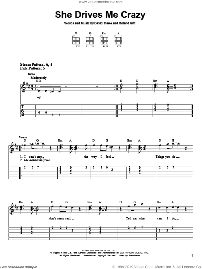 She Drives Me Crazy sheet music for guitar solo (easy tablature) by Fine Young Cannibals, David Steele and Roland Gift, easy guitar (easy tablature)