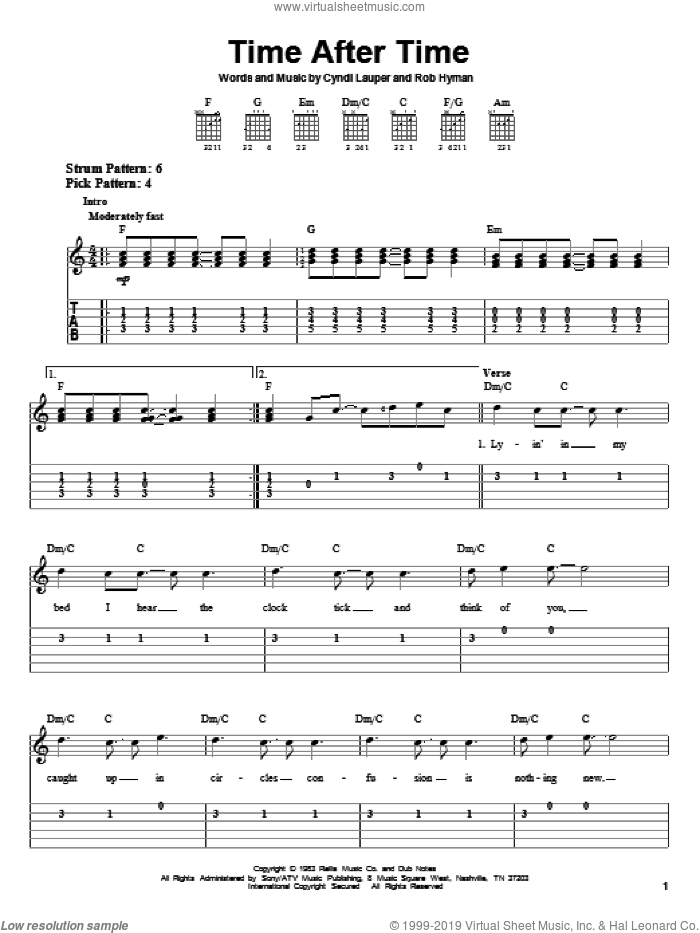 Time After Time sheet music for guitar solo (easy tablature) by Cyndi Lauper and Rob Hyman, easy guitar (easy tablature)