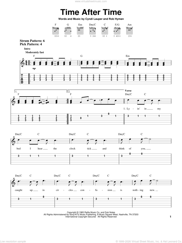 Time After Time sheet music for guitar solo (easy tablature) by Cyndi Lauper and Rob Hyman, easy guitar (easy tablature)