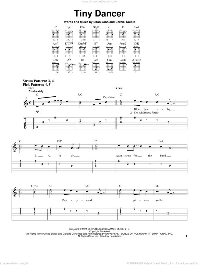 Tiny Dancer sheet music for guitar solo (easy tablature) by Elton John and Bernie Taupin, easy guitar (easy tablature)