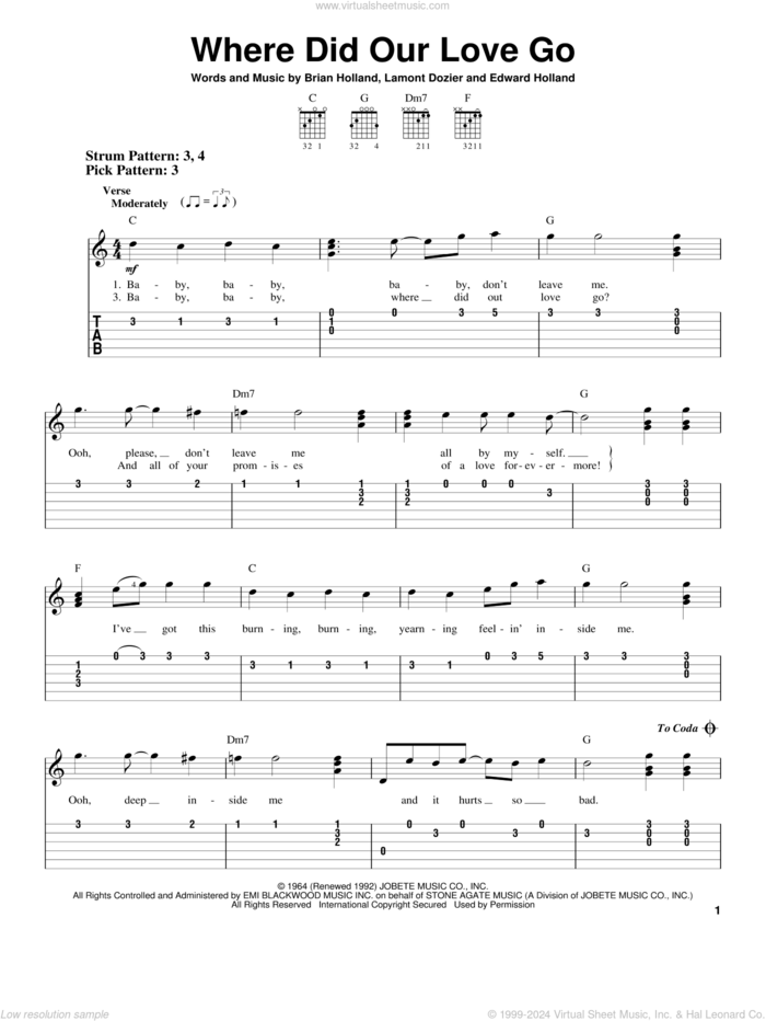 Where Did Our Love Go sheet music for guitar solo (easy tablature) by The Supremes, Brian Holland, Eddie Holland and Lamont Dozier, easy guitar (easy tablature)