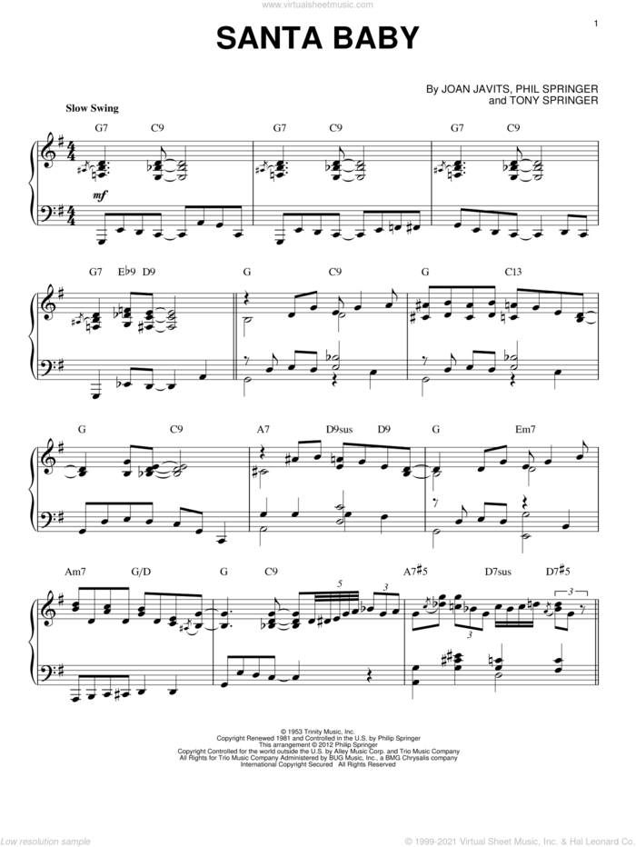 Santa Baby [Jazz version] (arr. Brent Edstrom) sheet music for piano solo by Joan Javits, Eartha Kitt, Phil Springer and Tony Springer, intermediate skill level