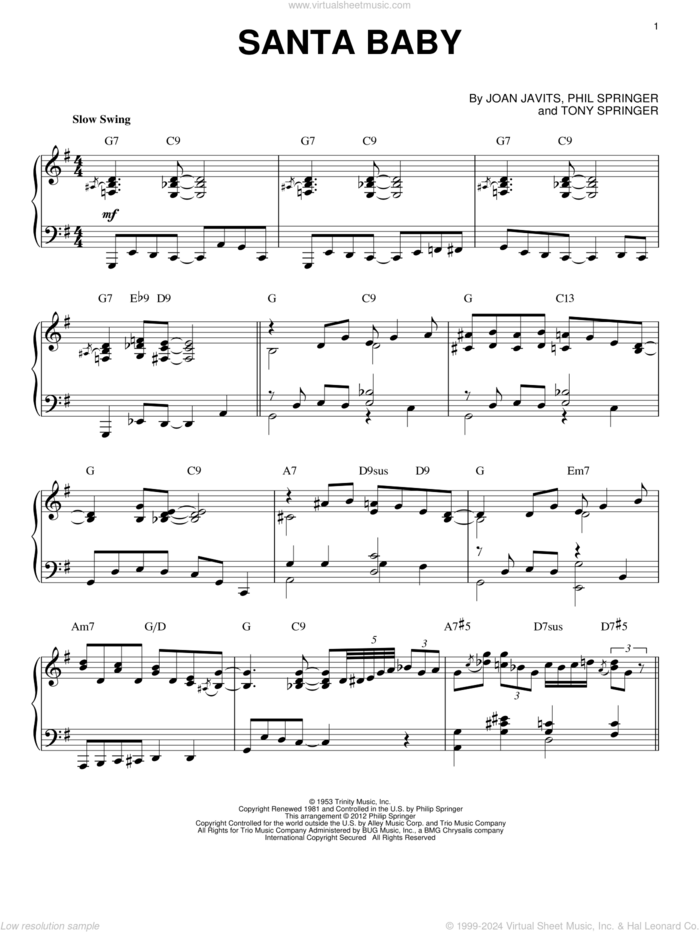 Santa Baby [Jazz version] (arr. Brent Edstrom) sheet music for piano solo by Joan Javits, Eartha Kitt, Phil Springer and Tony Springer, intermediate skill level