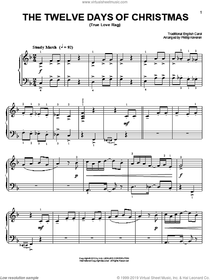 The Twelve Days Of Christmas [Ragtime version] (arr. Phillip Keveren) sheet music for piano solo by Phillip Keveren and Miscellaneous, easy skill level