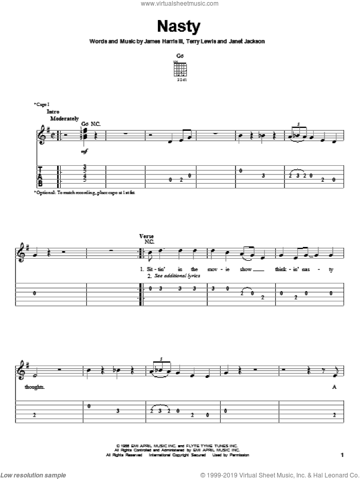 Nasty sheet music for guitar solo (easy tablature) by Janet Jackson, James Harris and Terry Lewis, easy guitar (easy tablature)