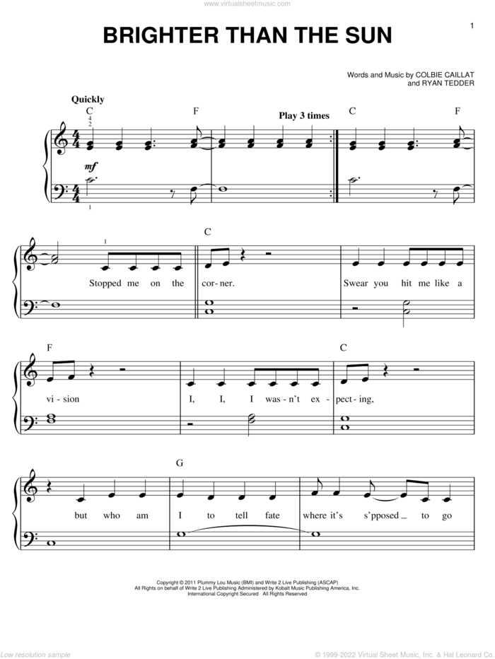 Brighter Than The Sun sheet music for piano solo by Colbie Caillat and Ryan Tedder, easy skill level