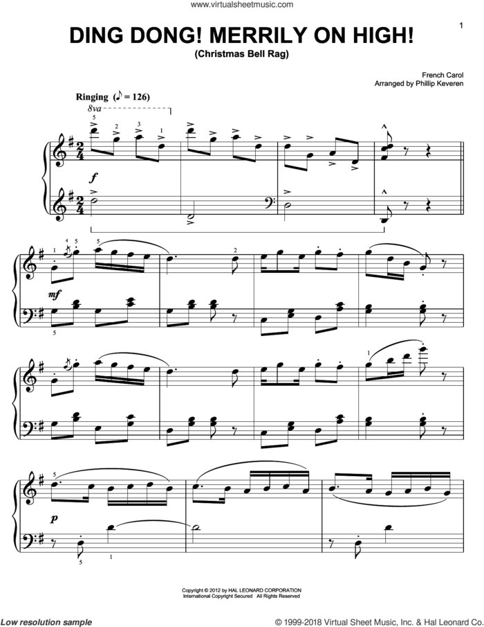 Ding Dong! Merrily On High! [Ragtime version] (arr. Phillip Keveren) sheet music for piano solo by Phillip Keveren and Miscellaneous, easy skill level
