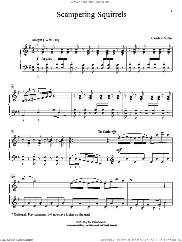 Scampering Squirrels sheet music for piano solo (elementary) by Carolyn Miller, beginner piano (elementary)
