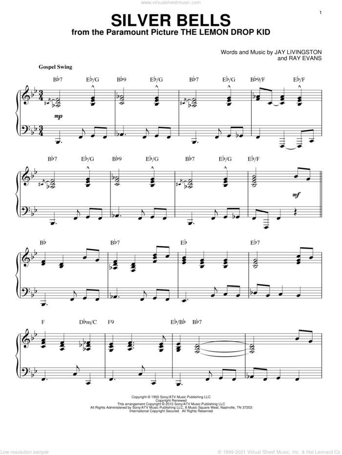 Silver Bells [Jazz version] (arr. Brent Edstrom) sheet music for piano solo by Jay Livingston and Ray Evans, intermediate skill level