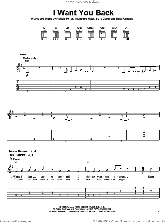 I Want You Back sheet music for guitar solo (easy tablature) by The Jackson 5, Michael Jackson, Alphonso Mizell, Berry Gordy, Deke Richards and Frederick Perren, easy guitar (easy tablature)
