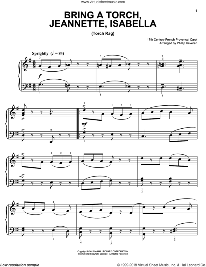 Bring A Torch, Jeannette, Isabella [Ragtime version] (arr. Phillip Keveren) sheet music for piano solo by Phillip Keveren and Miscellaneous, easy skill level