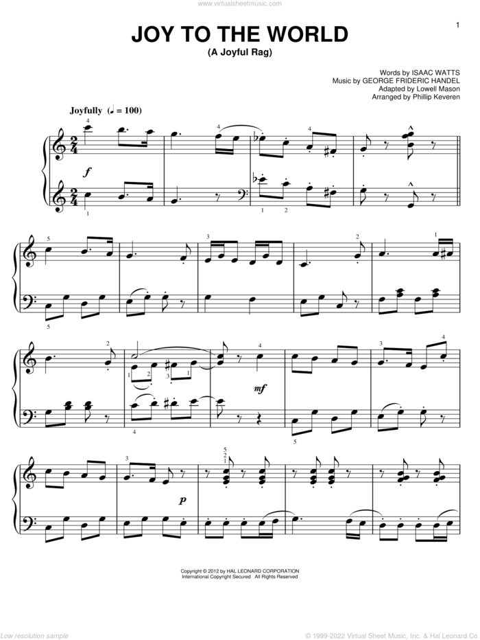 Joy To The World [Ragtime version] (arr. Phillip Keveren) sheet music for piano solo by Phillip Keveren, George Frideric Handel, Isaac Watts, Isaac Watts and George Frideric Handel and Lowell Mason, easy skill level